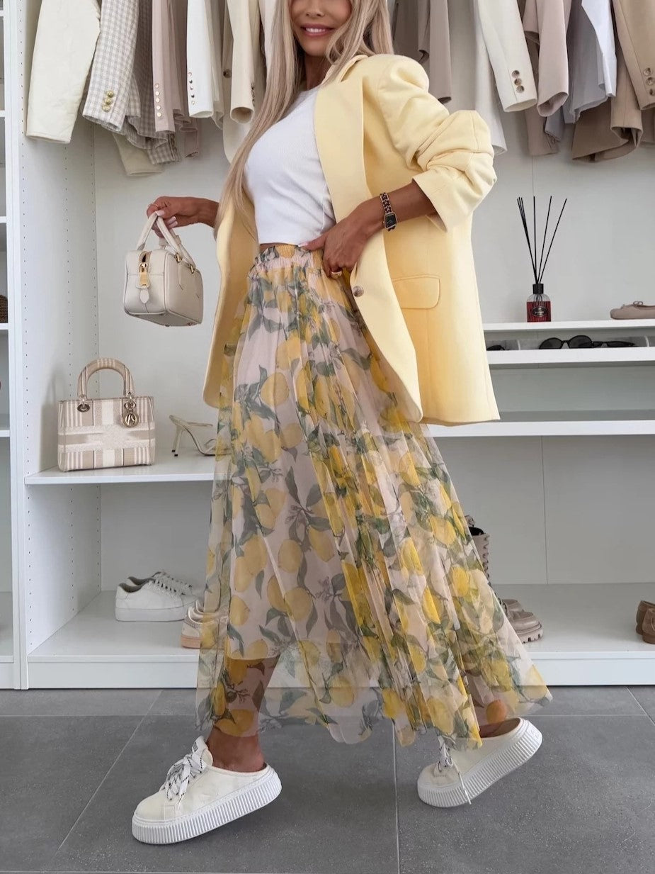 Lemon Print Sheer Mesh Maxi Skirt - Lemon - 1