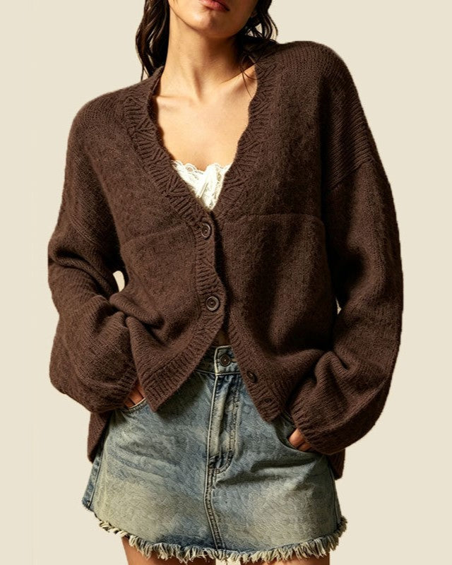 Slouchy Button Front Cardigan With Scalloped Edge - Brown