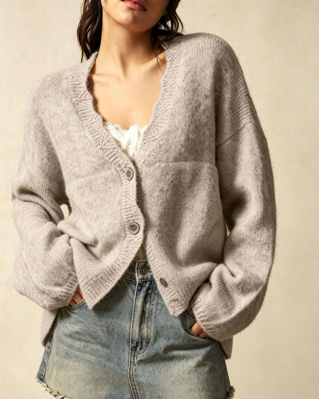 Slouchy Button Front Cardigan With Scalloped Edge - Camel