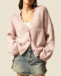 Slouchy Button Front Cardigan With Scalloped Edge - Pink