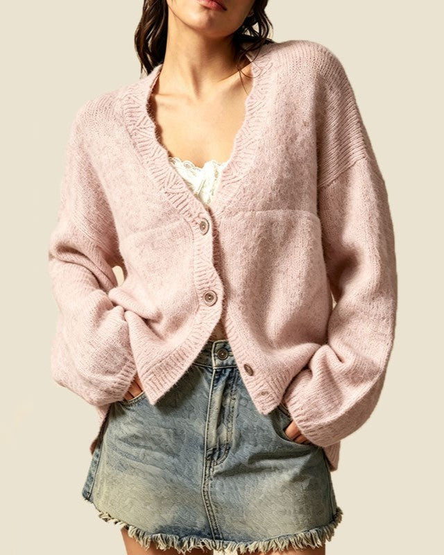 Slouchy Button Front Cardigan With Scalloped Edge - Pink