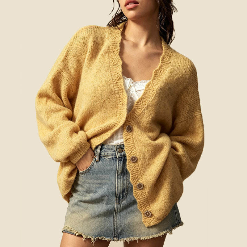 Slouchy Button Front Cardigan With Scalloped Edge - Yellow