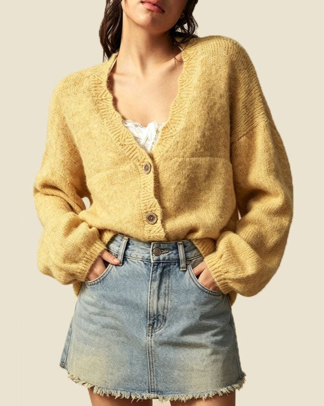 Slouchy Button Front Cardigan With Scalloped Edge - Yellow - 1