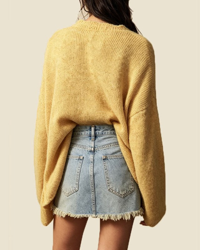 Slouchy Button Front Cardigan With Scalloped Edge - Yellow - 2