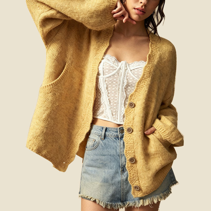 Slouchy Button Front Cardigan With Scalloped Edge - Yellow - 3
