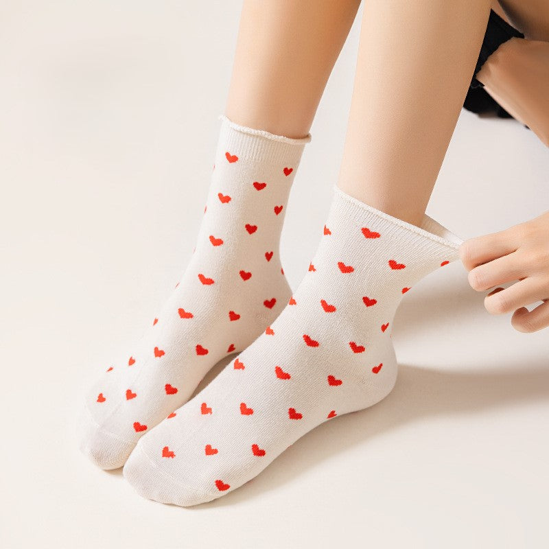 Scattered Heart Print Ankle Socks - Beige