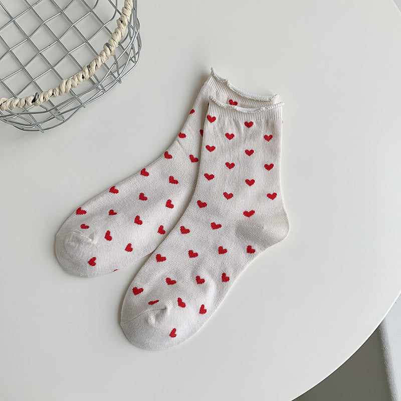 Scattered Heart Print Ankle Socks - Beige - 1