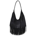 Boho Fringe Faux Leather Hobo Shoulder Bag - Black