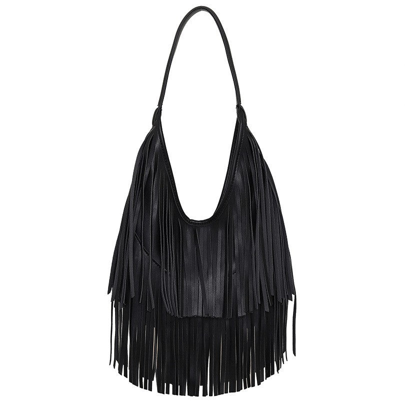 Boho Fringe Faux Leather Hobo Shoulder Bag - Black