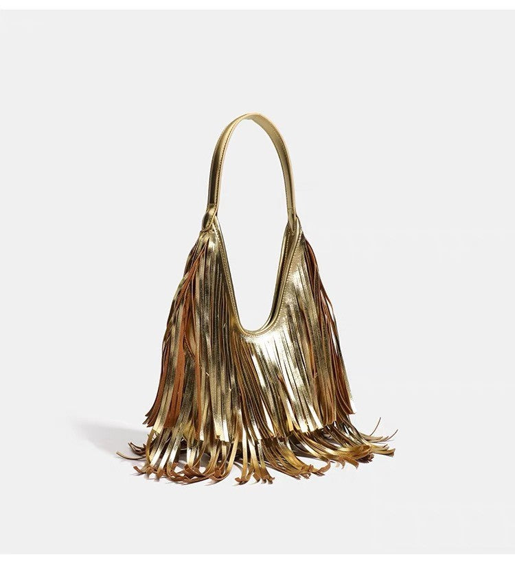 Boho Fringe Faux Leather Hobo Shoulder Bag - Champagne Gold