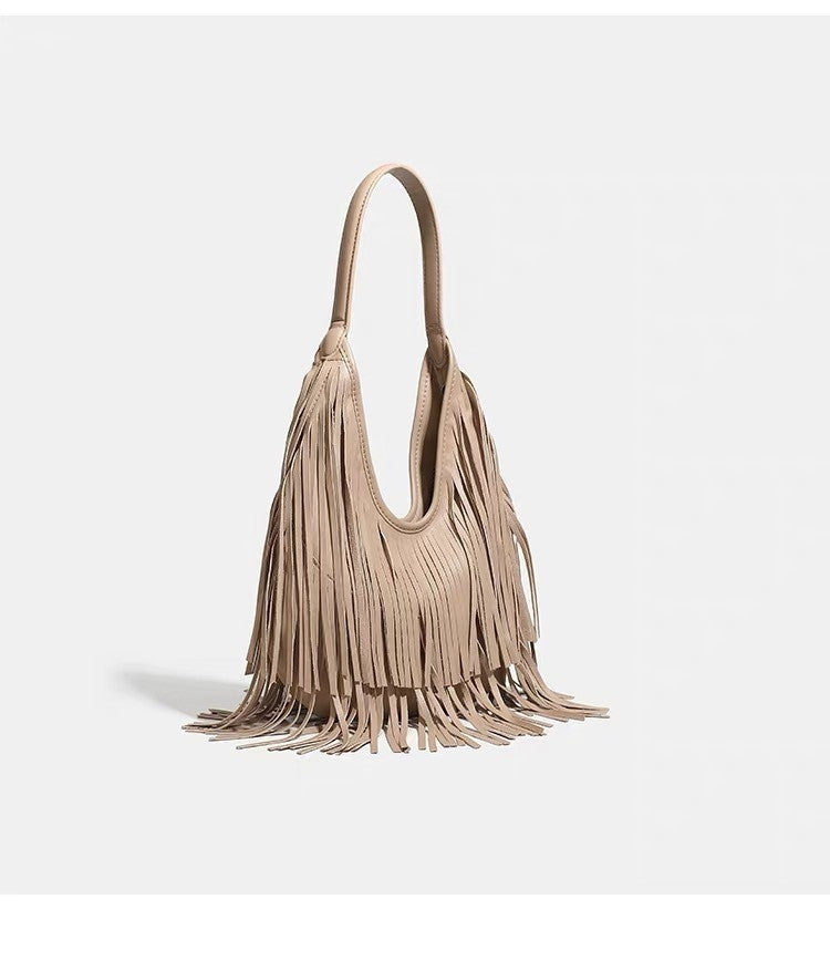 Boho Fringe Faux Leather Hobo Shoulder Bag - Khaki