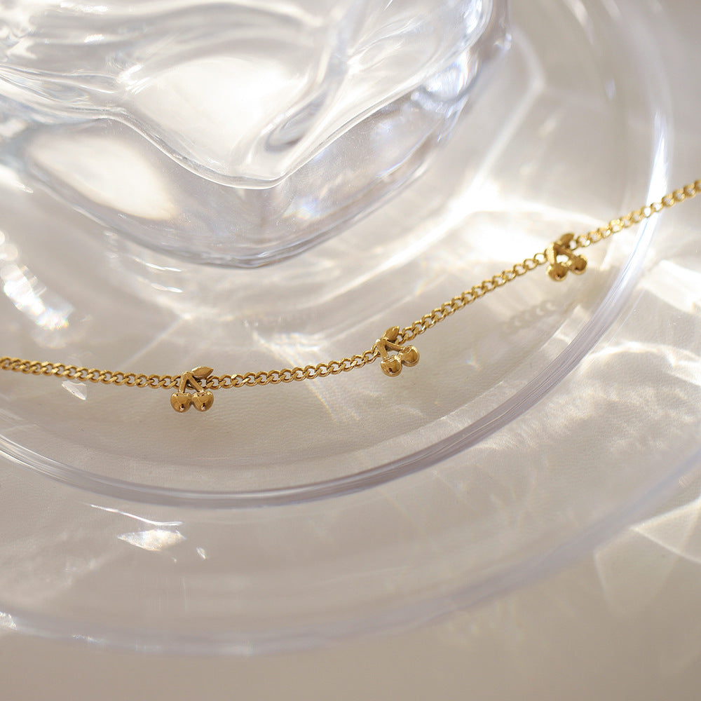 Dainty Cherry Charm Curb Chain Necklace - Gold - 2