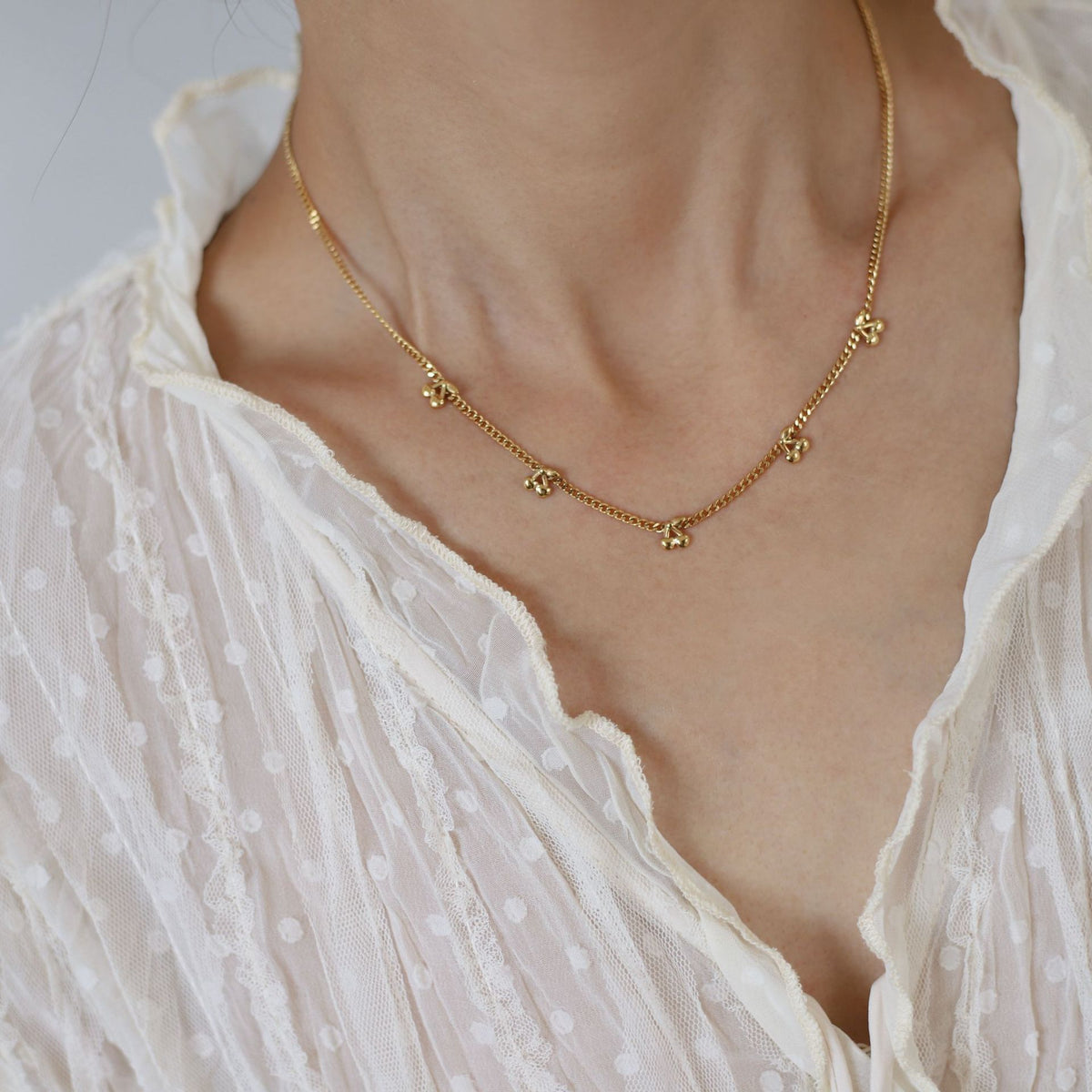 Dainty Cherry Charm Curb Chain Necklace - Gold - 4