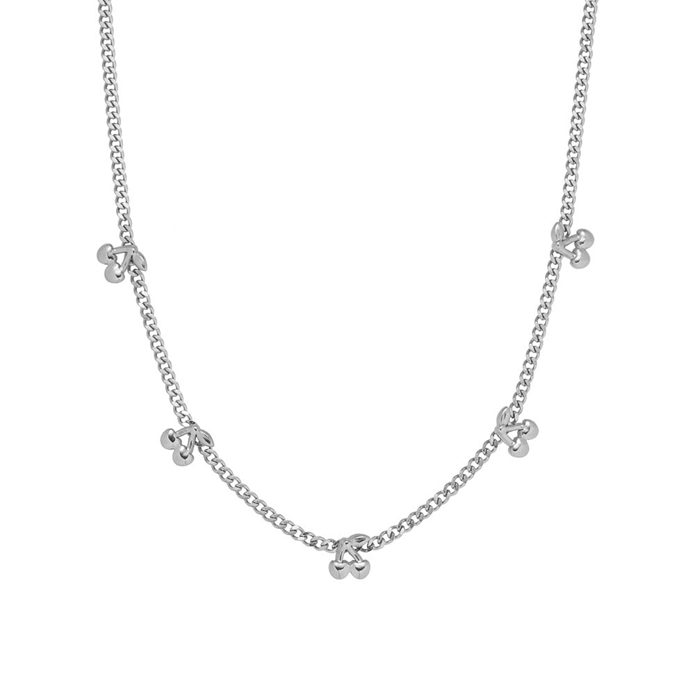 Dainty Cherry Charm Curb Chain Necklace - Silvery