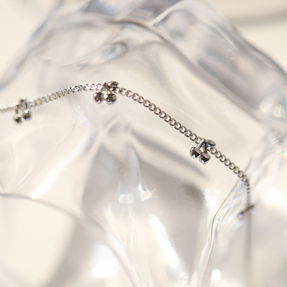 Dainty Cherry Charm Curb Chain Necklace - Silvery - 3
