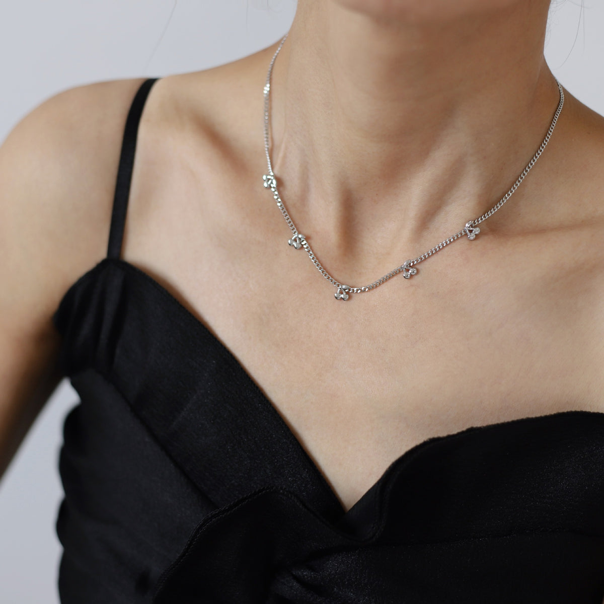 Dainty Cherry Charm Curb Chain Necklace - Silvery - 5