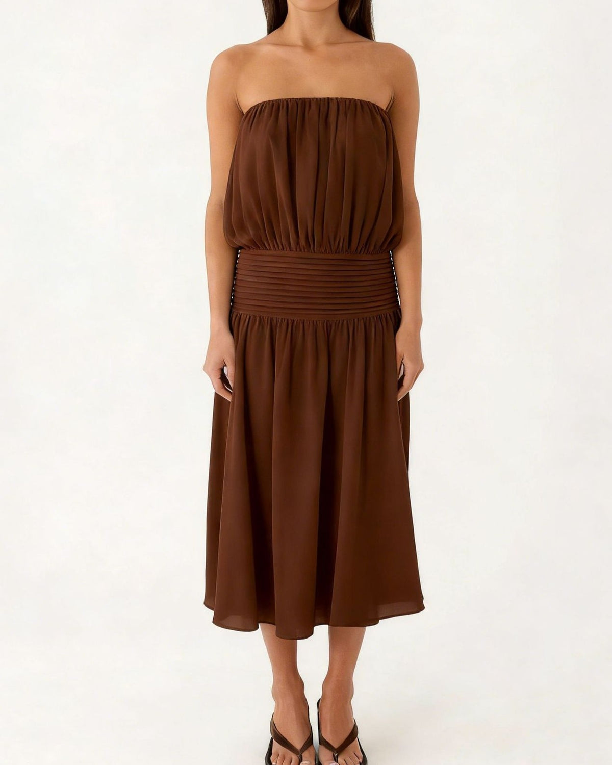 Strapless Shirred Waist Flowy Midi Dress - Brown