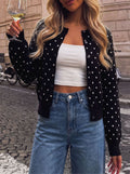 Polka Dot Cropped Button Front Sweater - Black