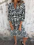 Ikat Print Split Neck Tiered Midi Dress - Black