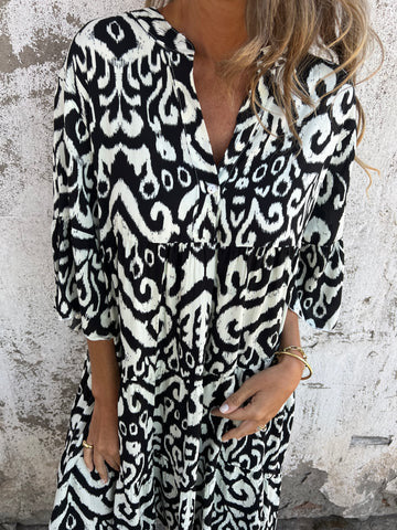 Ikat Print Split Neck Tiered Midi Dress - Black - 1
