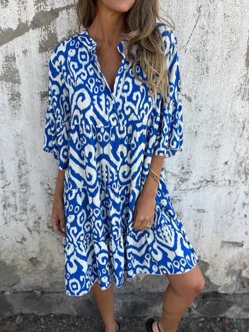 Ikat Print Split Neck Tiered Midi Dress - Blue