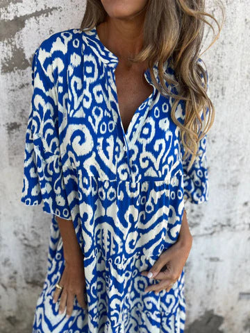 Ikat Print Split Neck Tiered Midi Dress - Blue - 1