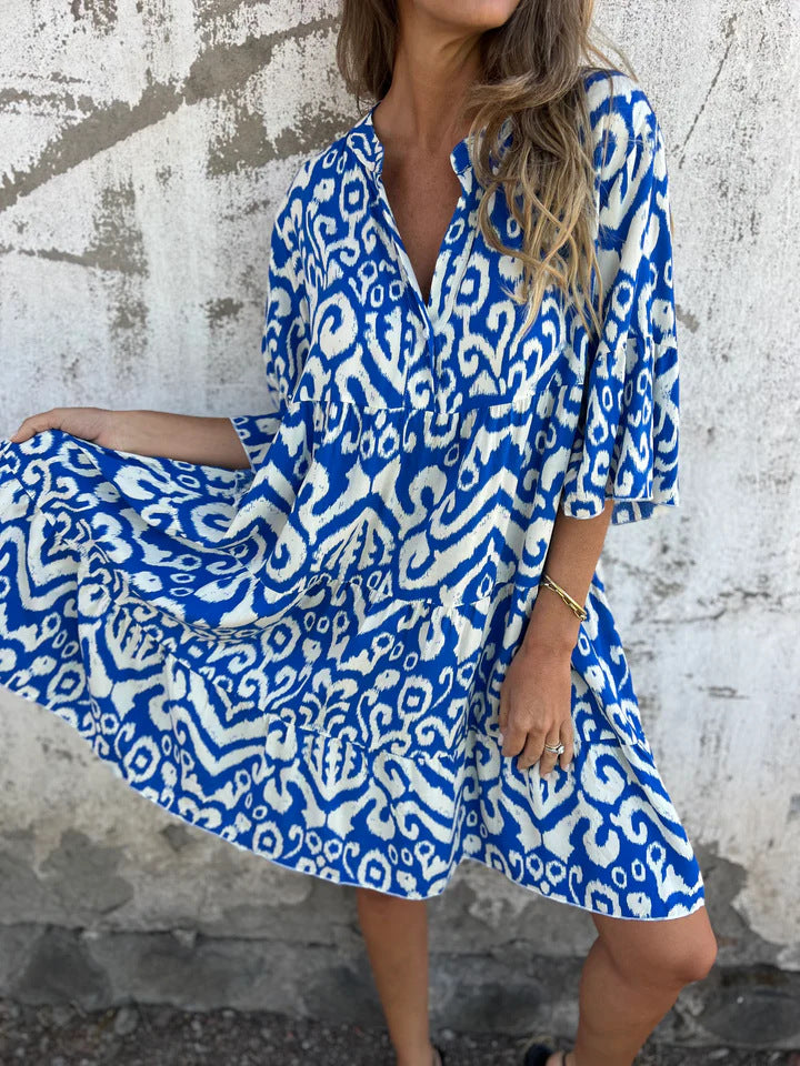 Ikat Print Split Neck Tiered Midi Dress - Blue - 2