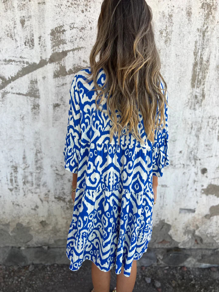Ikat Print Split Neck Tiered Midi Dress - Blue - 3