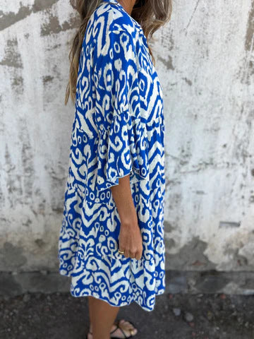 Ikat Print Split Neck Tiered Midi Dress - Blue - 4