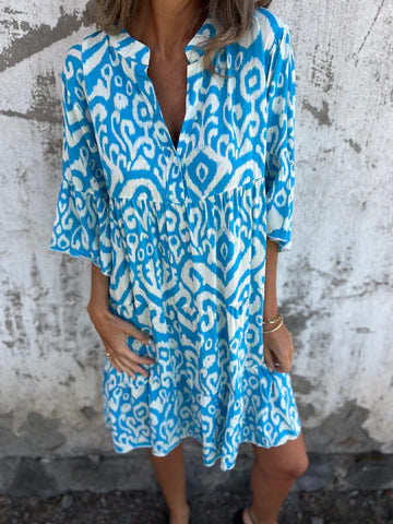 Ikat Print Split Neck Tiered Midi Dress - LightBlue