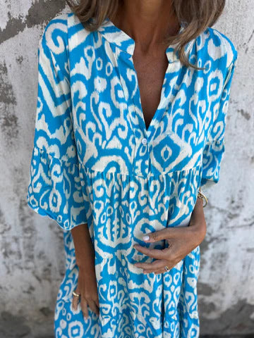 Ikat Print Split Neck Tiered Midi Dress - LightBlue - 1