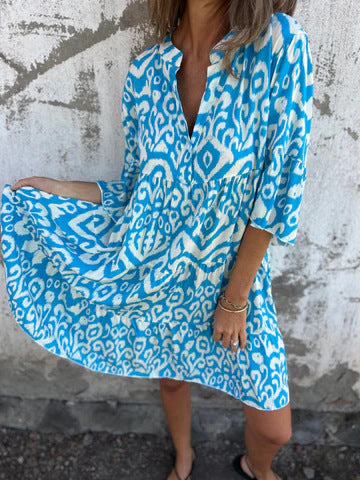 Ikat Print Split Neck Tiered Midi Dress - LightBlue - 2