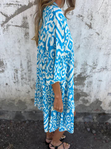 Ikat Print Split Neck Tiered Midi Dress - LightBlue - 3