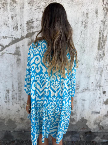 Ikat Print Split Neck Tiered Midi Dress - LightBlue - 4