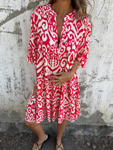 Ikat Print Split Neck Tiered Midi Dress - Red