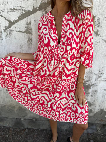 Ikat Print Split Neck Tiered Midi Dress - Red - 1