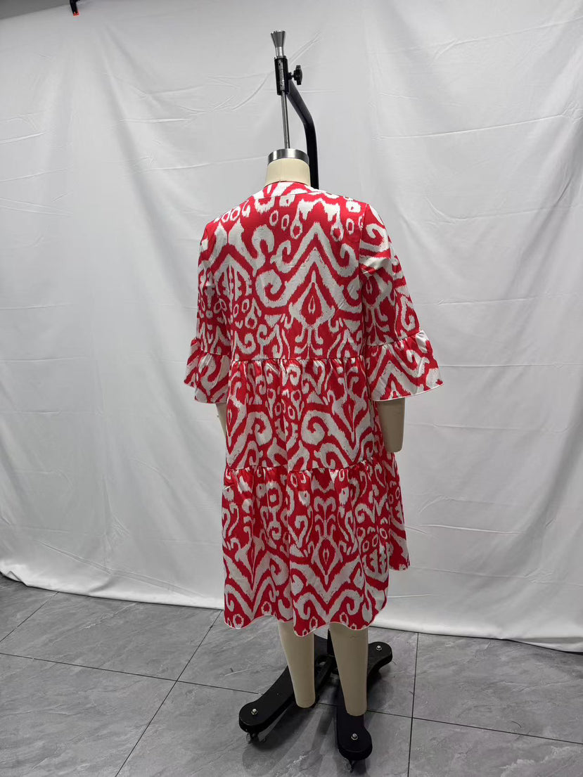 Ikat Print Split Neck Tiered Midi Dress - Red - 2