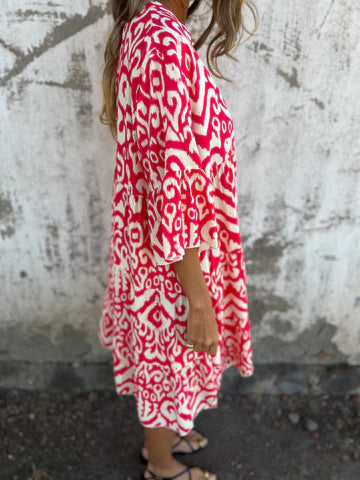 Ikat Print Split Neck Tiered Midi Dress - Red - 3