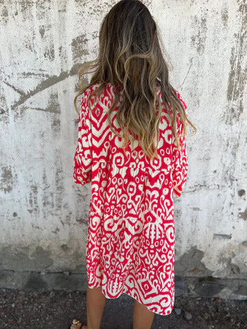 Ikat Print Split Neck Tiered Midi Dress - Red - 4