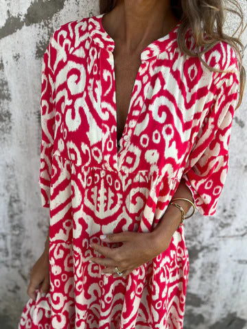 Ikat Print Split Neck Tiered Midi Dress - Red - 5