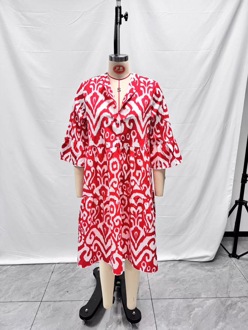 Ikat Print Split Neck Tiered Midi Dress - Red - 6