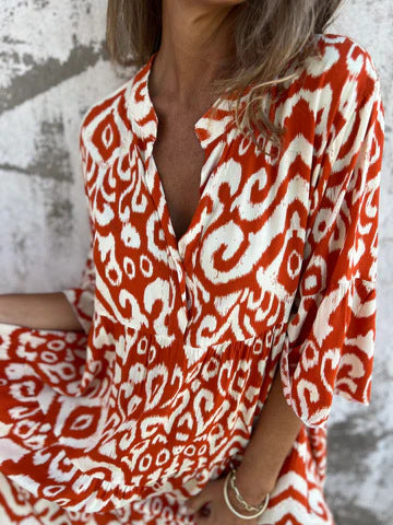 Ikat Print Split Neck Tiered Midi Dress - Rust - 1