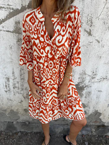 Ikat Print Split Neck Tiered Midi Dress - Rust - 2
