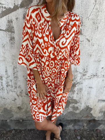 Ikat Print Split Neck Tiered Midi Dress - Rust - 3