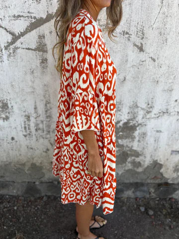 Ikat Print Split Neck Tiered Midi Dress - Rust - 4