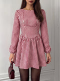 Gingham Puff Sleeve Mini Dress With Bow Back - Red