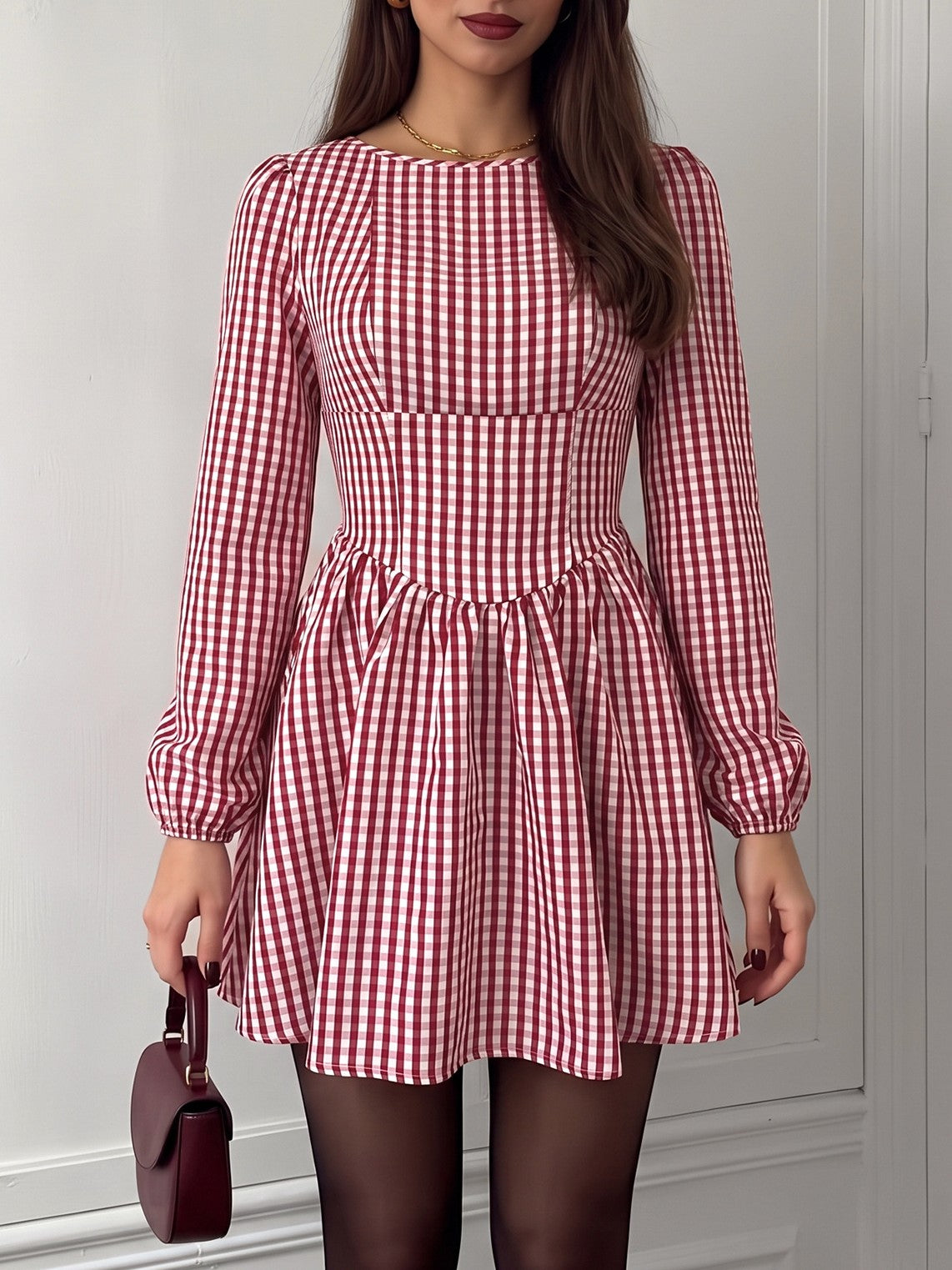 Gingham Puff Sleeve Mini Dress With Bow Back - Red