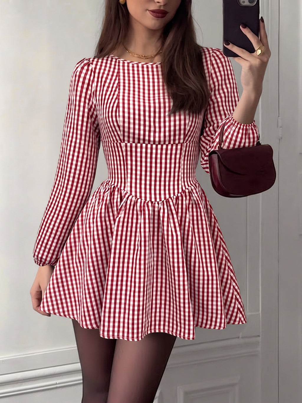 Gingham Puff Sleeve Mini Dress With Bow Back - Red - 1