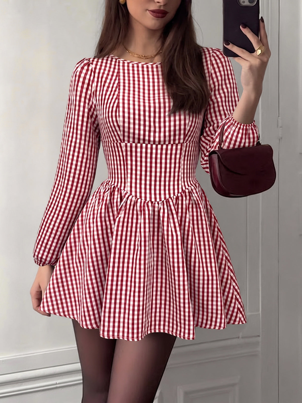 Gingham Puff Sleeve Mini Dress With Bow Back - Red - 1