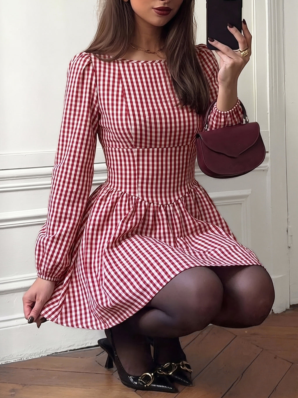 Gingham Puff Sleeve Mini Dress With Bow Back - Red - 2